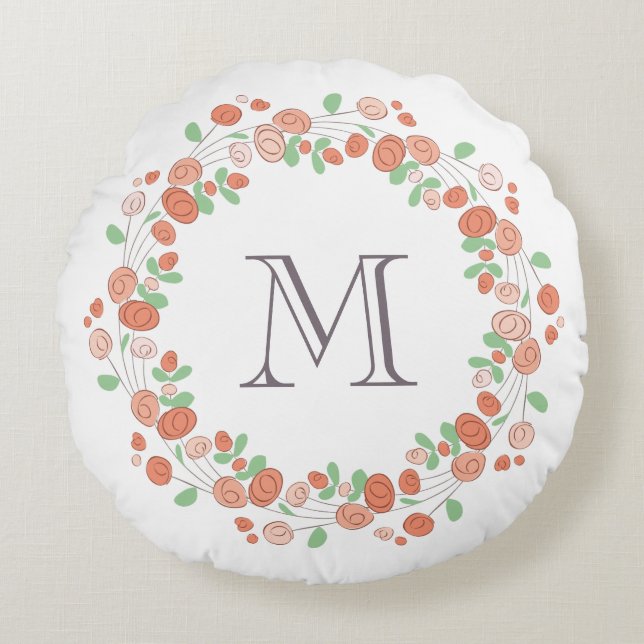 coral roses wreath monogram round cushion (Front)