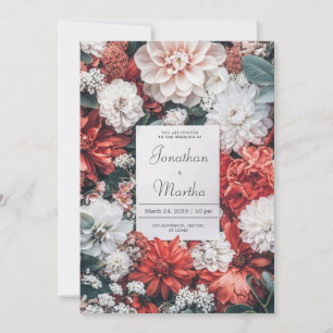 Coral Rust White Dahlia Floral Fall Wedding Invitation