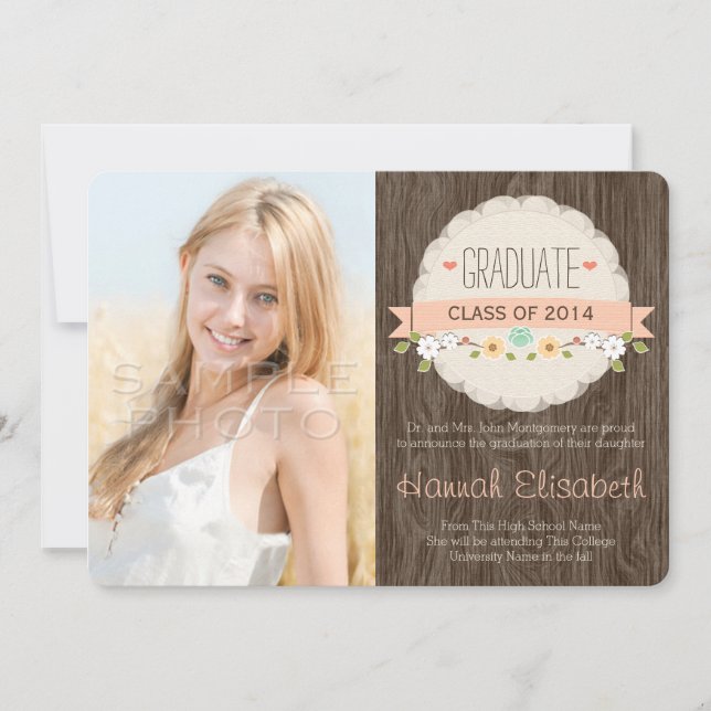 Coral Rustic Floral Graduation Photo Announcement (Front)