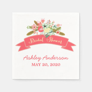 Coral Rustic Flowers Bridal Shower Paper Napkins
