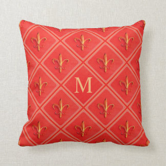Coral Rustic French Country Fleur de Lis  Monogram Cushion