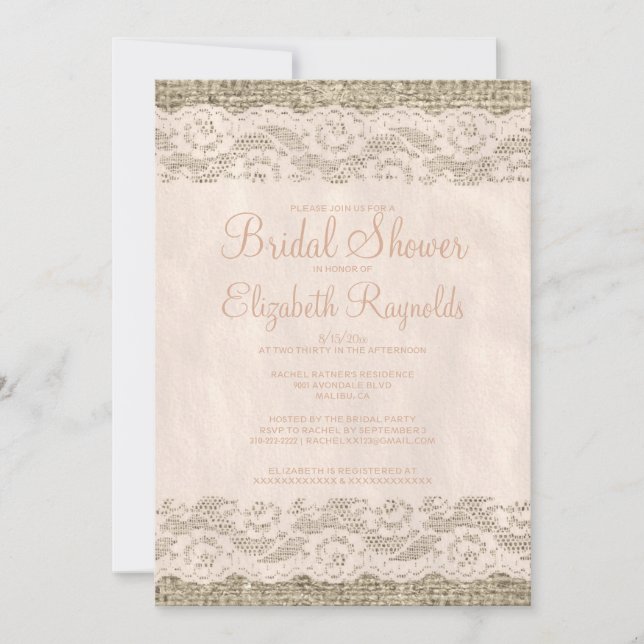 Coral Rustic Lace Bridal Shower Invitations (Front)