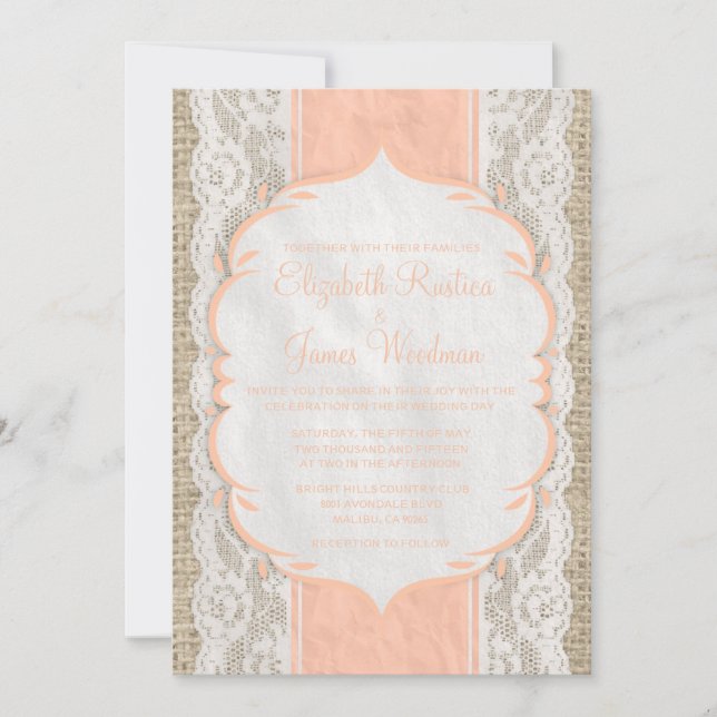 Coral Rustic Lace Wedding Invitations (Front)