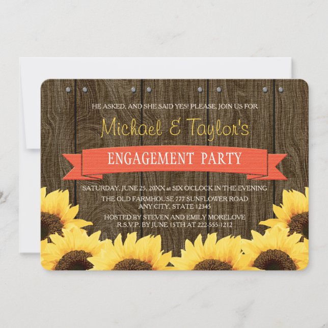 CORAL RUSTIC SUNFLOWER ENGAGEMENT PARTY INVITATION (Front)