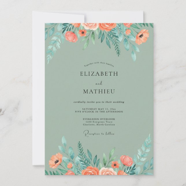 Coral Sage Botanical Watercolor Wedding Invitation (Front)