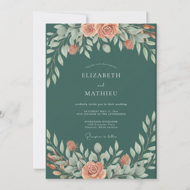 Coral Sage Leafy Wedding Invitation (Front)