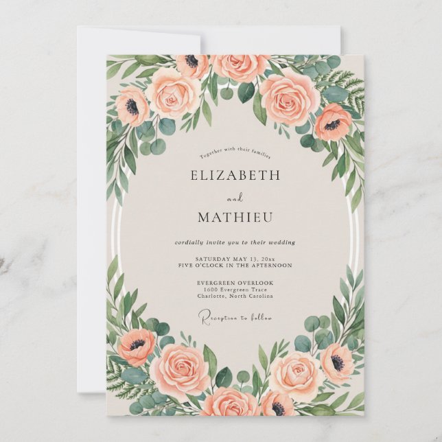Coral Sage Painted Wedding Invitation (Front)
