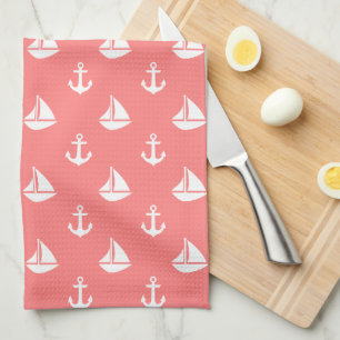 Coral Sailboats and Anchors Pattern Tea Towel