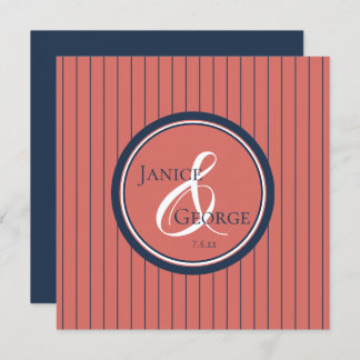 Coral Salmon and Navy Stripes Wedding Invitation