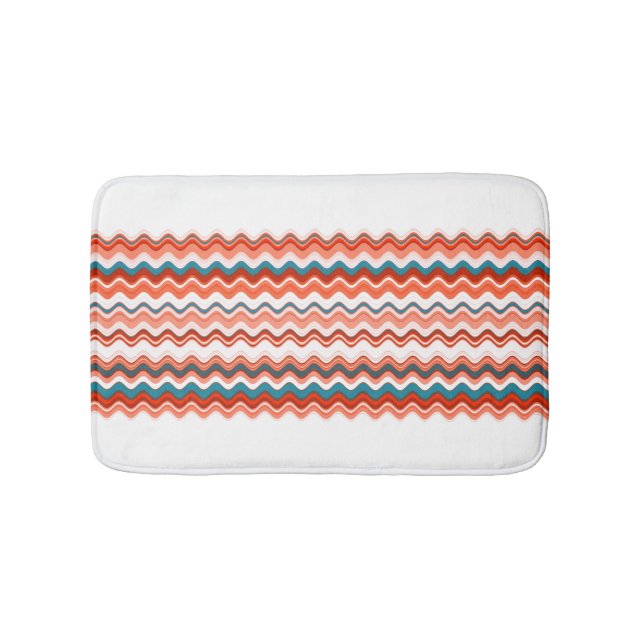 Coral Salmon Orange Blue Wavy Zigzag Pattern Bath Mat (Front)