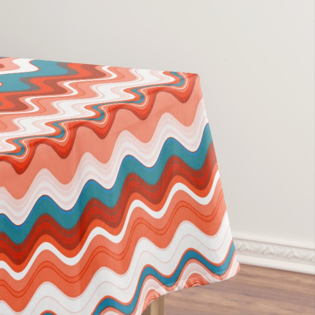 Coral Salmon Orange Turquoise Wavy Zigzag Pattern Tablecloth (In Situ)