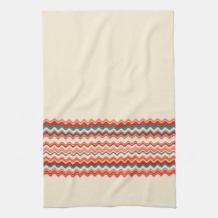 Coral Salmon Orange Turquoise Wavy Zigzag Pattern Tea Towel