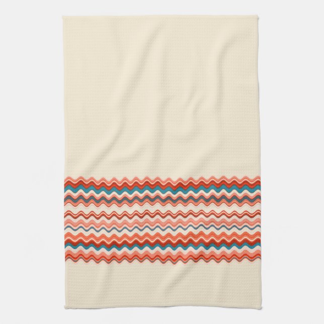 Coral Salmon Orange Turquoise Wavy Zigzag Pattern Tea Towel (Vertical)