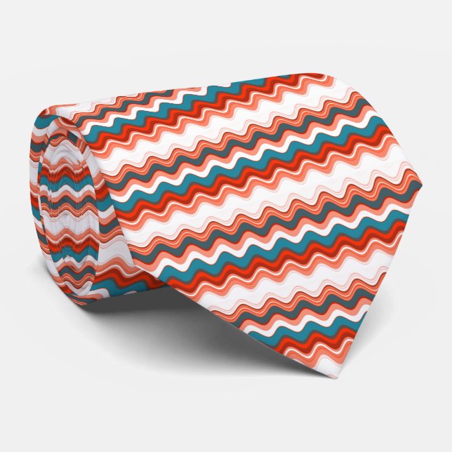Coral Salmon Orange Turquoise Wavy Zigzag Pattern Tie (Rolled)