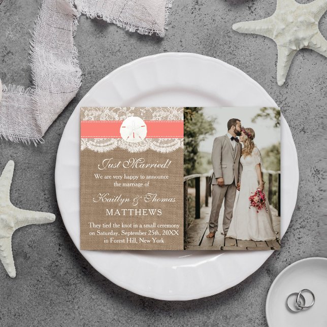 Coral Sand Dollar Beach Wedding Photo Marriage Announcement (Creator Uploaded)