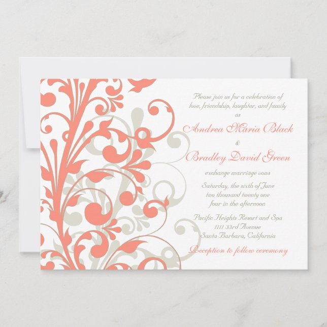 Coral, Sand Tan, White Floral Wedding Invitation (Front)