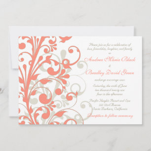 Coral, Sand Tan, White Floral Wedding Invitation