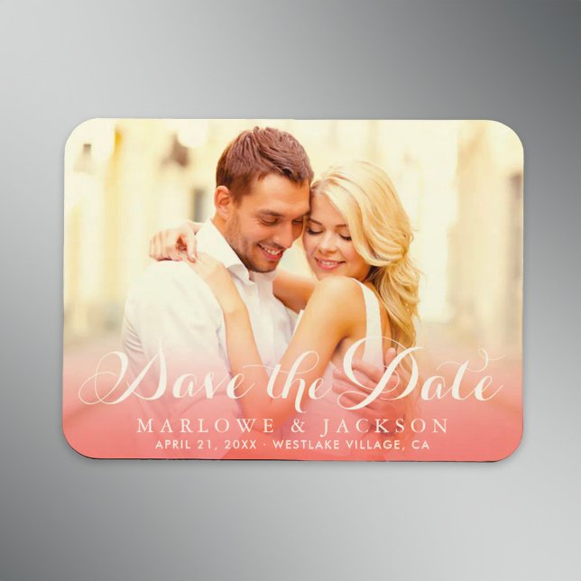 Coral Script Photo Overlay Wedding Save the Date Magnet (Creator Uploaded)