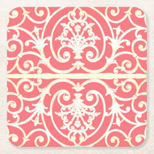 Coral scrollwork pattern square paper coaster