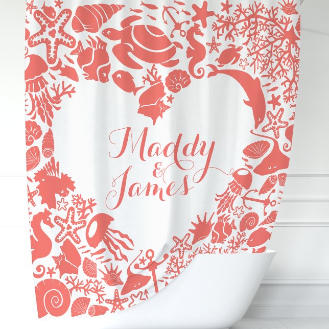 Coral Sea Creatures Heart Couples Monogram Shower Curtain (Creator Uploaded)