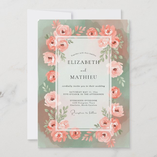 Coral Seafoam Painted Wedding Invitation (Front)