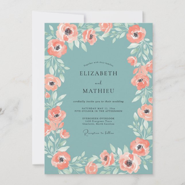 Coral Seafoam Peony Wedding Invitation (Front)