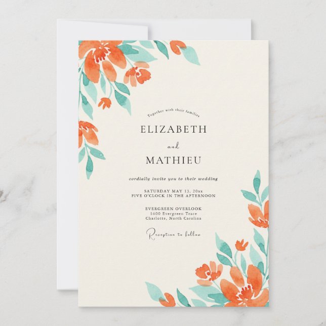Coral Seafoam Wildflower Wedding Invitation (Front)