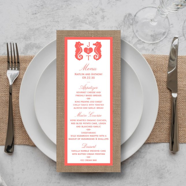 Coral Seahorse Burlap Beach Wedding Menu (Creator Uploaded)