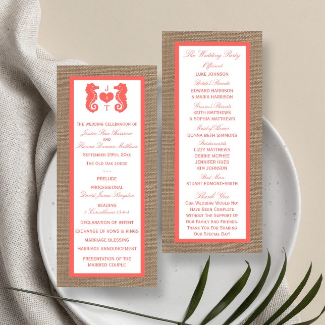 Coral Seahorse Burlap Beach Wedding Program Rack Card (Creator Uploaded)
