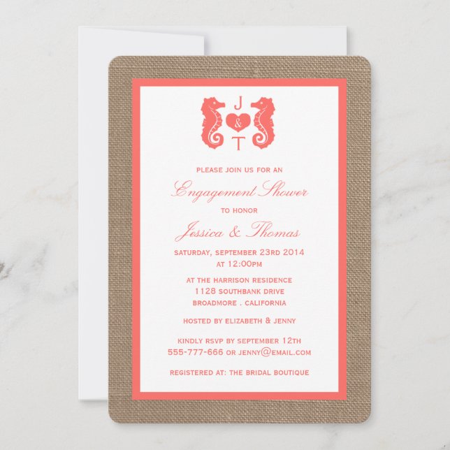 Coral Seahorse On Burlap Beach Engagement Shower Invitation (Front)