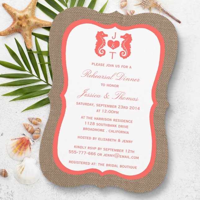 Coral Seahorse On Burlap Beach Rehearsal Dinner Invitation (Creator Uploaded)
