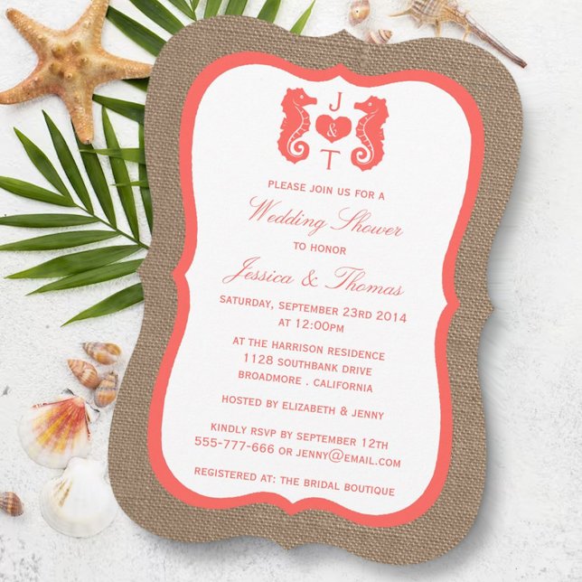 Coral Seahorse On Burlap Beach Wedding Shower Invitation (Creator Uploaded)