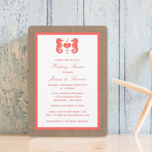 Coral Seahorse On Burlap Beach Wedding Shower Invitation (Creator Uploaded)