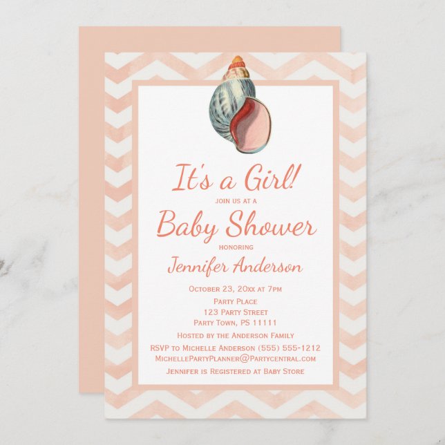 Coral Seashell Baby Shower Girl Boy Invitation (Front/Back)