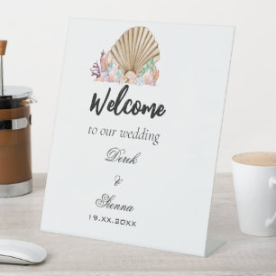Coral & Seashell beach Wedding Pedestal Sign