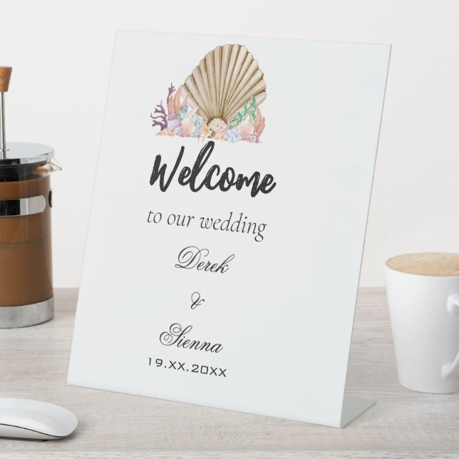 Coral & Seashell beach Wedding Pedestal Sign (In SItu)