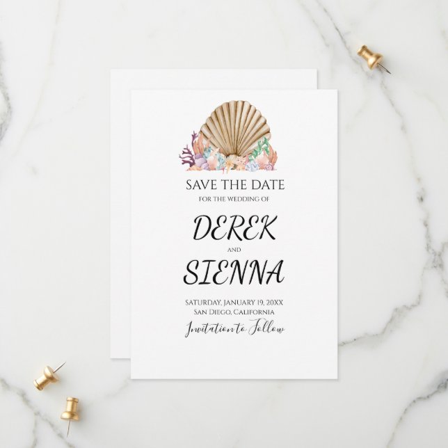 Coral & Seashell beach Wedding Save The Date (Front/Back In Situ)