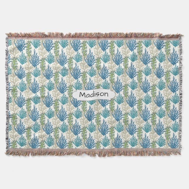 Coral Seaweed Pattern custom name throw blanket (Front)
