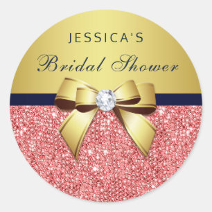 Coral Sequins Gold Navy Diamonds Bow Bridal Shower Classic Round Sticker