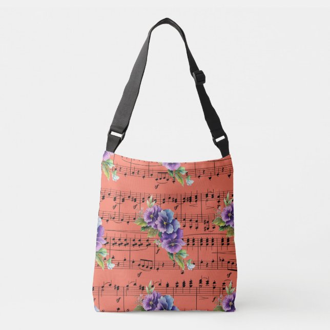 Coral Sheet Music Purple & Blue Flowers Crossbody Bag (Front)