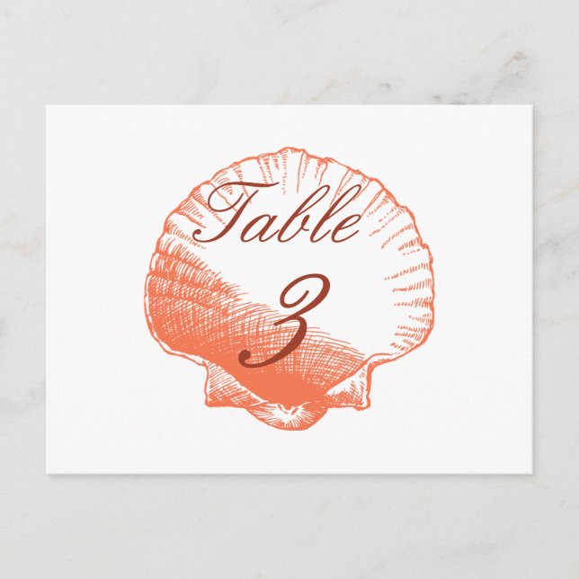 Coral Shells Beach Wedding Table Number Cards (Front)