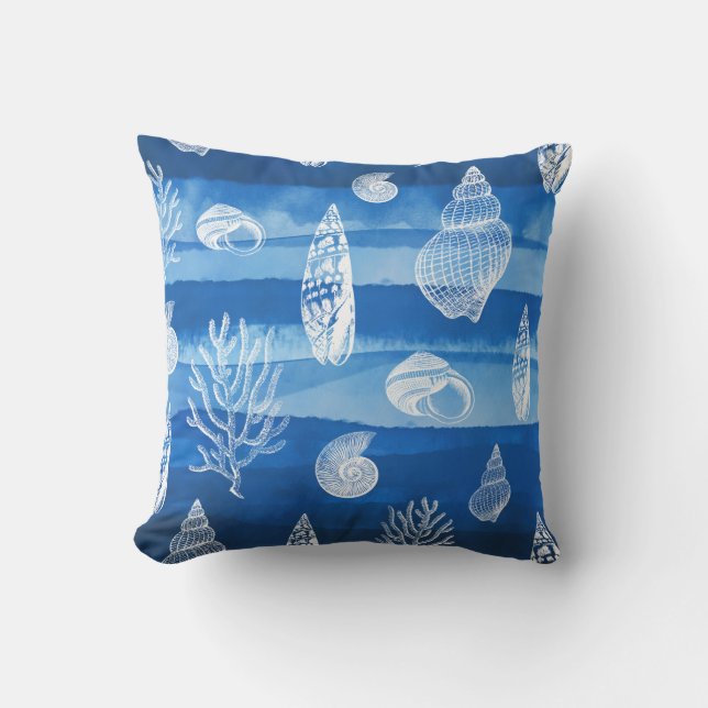 Coral Shells Blue White Outdoor Pillow (Front)