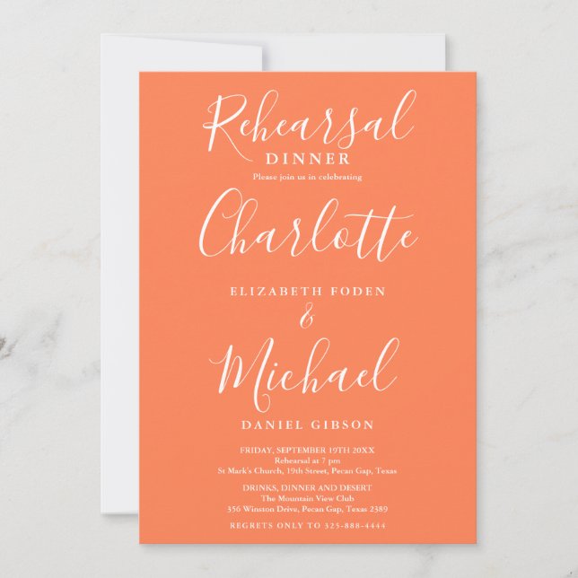 Coral Signature Script Rehearsal Dinner Invitation (Front)