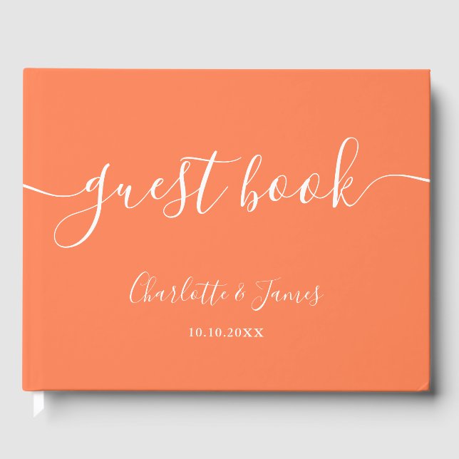 Coral Signature Script Wedding Guest Book (Front)