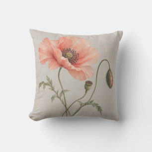 Coral Silk Poppy Warm Grey Botanical Watercolor Cushion