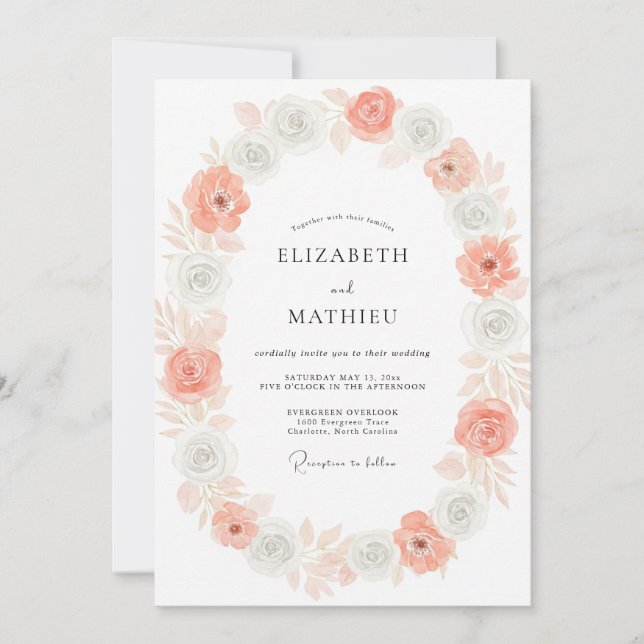 Coral Silver Bloom Wedding Invitation (Front)