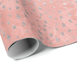 Coral Silver Peach Grey Metallic Blush Stars Confe Wrapping Paper