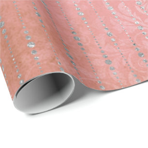 Coral Silver Peach Grey Metallic Pink Stripes Dots Wrapping Paper
