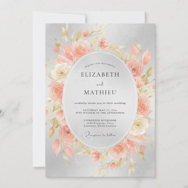 Coral Silver Peony Wedding Invitation (Front)