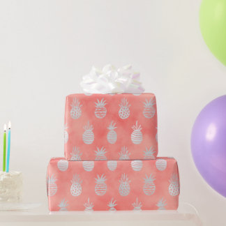 Coral & Silver Pineapple | Tropical Summer Luxe Wrapping Paper